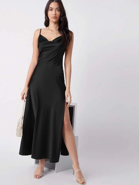 Ulzzang Dress, Black Cami Dress, Satin Cami Dress, Simple Black Dress, Black Silk Dress, Mesh Bodycon Dress, Black Satin Dress, Designer Dresses Casual, Satin Cami