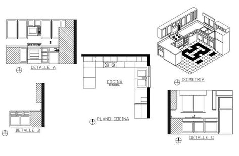 Kitchen isometric elevation and plan cad drawing details that includes a detailed view of all sided section details of kitchen with wall design, tile design, dimensions details, furniture details, interior details, cooking area, platform area, gas stove, sink and plumbing details, electrical equipment details, chimney and exhaustion, ceiling details  and much more of kitchen details. Living Room Elevation, Kitchen Elevation, Plan And Elevation, Kitchen Floor Plan, Drawing Details, Presentation Board Design, Drawing Furniture, Kitchen Drawing, Elevation Drawing