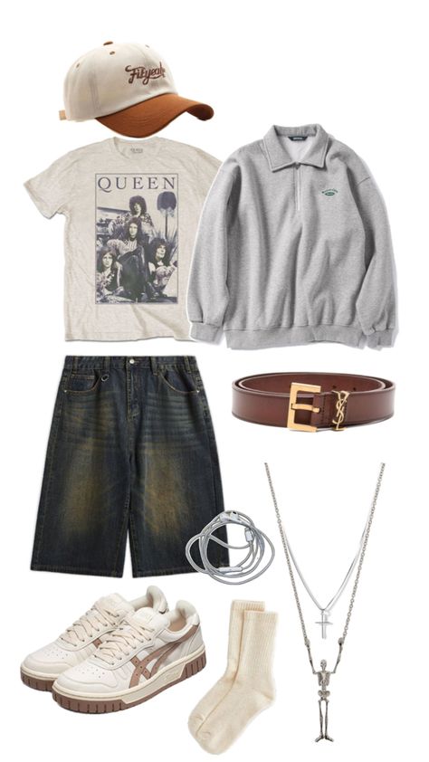 Summer breeze outfit, headphones, earphones, belt, shoes, necklace, pendant, sock, half zip-up, hoddie , crewneck, cap, jorts, brown, brownish, white, caramel, silver, washed, blue, royal, gold, gray, green, simple, no logo, logo, apple, skeleton Brown Cap Outfit, Streetwear Fashion Men, Collage Outfits, Alt Clothes, Cap Outfit, Outfit Collage, Streetwear Men Outfits, Summer Breeze, Gray Green