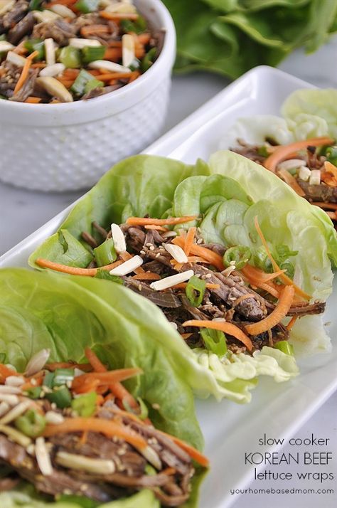 slow cooker korean beef lettuce wraps @yourhomebasedmom.com Slow Cooker Korean Beef, Pork Lettuce Wraps, Beef Lettuce Wraps, Ground Pork Recipes, Delicious Slow Cooker Recipes, Lettuce Wrap Recipes, Crock Pot Recipes, Salad Wraps, Fruit Salad Recipes