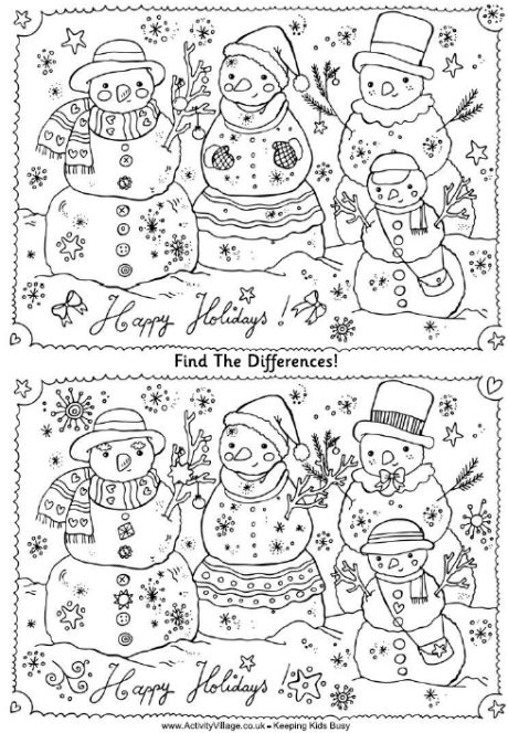 Find the differences family of snowmen puzzle free printable.  LOTS of other activity  choices as well!  Great site! Christmas Coloring Book, Christmas Worksheets, Christmas Puzzle, Hidden Pictures, Christmas School, Christmas Coloring, Christmas Party Games, Christmas Coloring Pages, Christmas Games