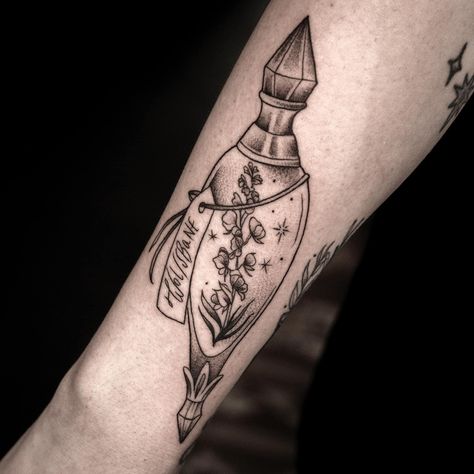 Poison Flower Tattoo, Poison Vile Tattoo, Poison Tattoo Ideas, Bottle Of Poison Tattoo, Poison Jar Tattoo, Spell Jar Tattoo, Poison Bottle Tattoo Design, Poison Tattoo Bottle, Small Poison Bottle Tattoo