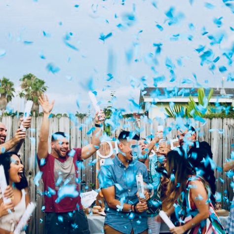 Confetti cannons always level up your gender reveal! Our confetti flies 15 feet in the air and is the PERFECT way to announce the gender of your next family member. Congratulations to this family on their baby boy! 💙 🐳🎀 Make your gender reveal (or other celebration!) POP. 📱Go to genderrevealsurprise.com for more info! Don’t forget to tag us in your celebrations! We love sharing our favorites. Gender Reveal Ideas Outdoor, Cannon Gender Reveal, Confetti Cannon Gender Reveal, Gender Reveal Confetti Cannon, Gender Reveal Surprise, Gender Reveal Poppers, Gender Reveal Confetti, Confetti Cannon, Gender Reveal Announcement