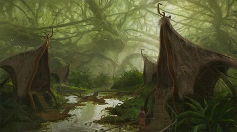 huts in jungle village environment art - Alexander Chelyshev Book Set Design, Jungle Village, Eucalyptus Forest, Tomb Of Annihilation, Environment Painting, Dark Sun, Fantasy Forest, Fantasy Places, Fantasy Rpg