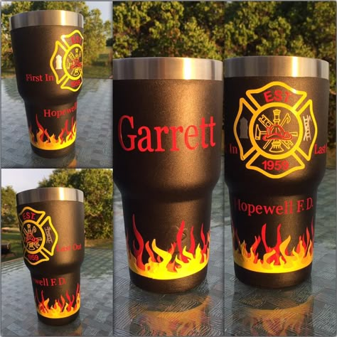 Firefighter Tumbler Ideas, Firefighter Cups, Classroom Decor Diy, Fire Department Decor, Firefighter Crafts, Yeti Cup Designs, Cricut Tumblers, Firefighter Art, Cricut Cups