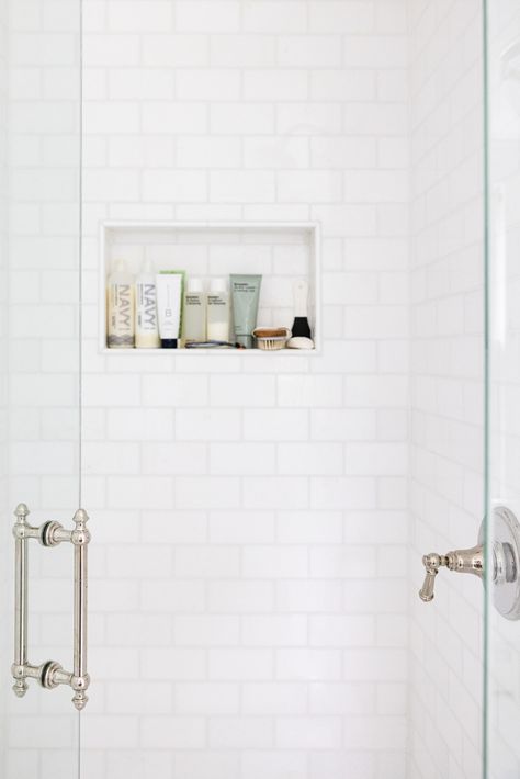 Carrera Subway Tile Bathroom, Classic White Shower Tile, White Marble Subway Tile Bathroom, White Subway Tile Shower With Chrome Fixtures, Color Subway Tile Bathroom, Marble And Subway Tile Bathroom, Quartz Shower Niche, Bathroom Tile Ideas White, Marble Tile Shower Walls