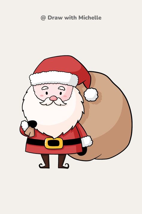 Santa Easy Drawing, Cute Santa Drawing, Santa Claus Drawing Easy, Santa Doodle, Draw Santa Claus, Bag Doodle, Santa Drawing, Procreate Easy, Draw Santa