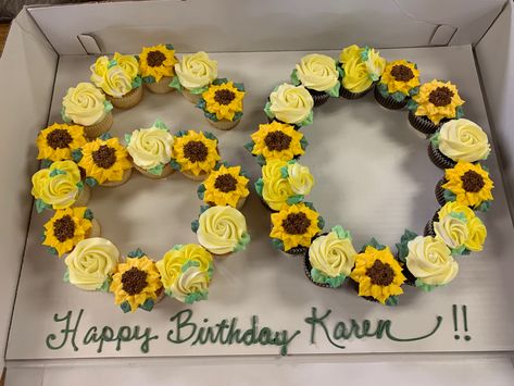 Pull Apart Cupcake Cake For Men, 60th Birthday Cupcakes, Flower Cupcake Cake, Hippie Cake, Sunflower Cupcakes, Cupcake Tower Wedding, Sunflower Birthday, Cups Ideas, Pull Apart Cupcake Cake