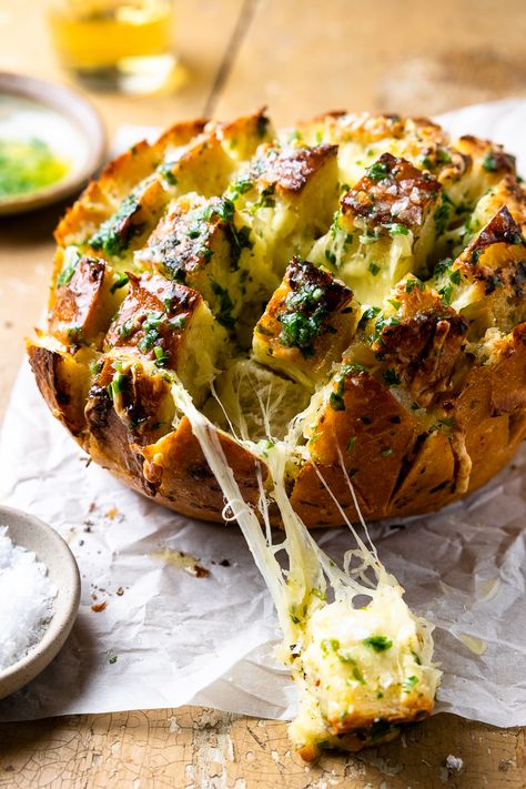 Cheesy Roasted Garlic Pull Apart Bread - Modern Farmhouse Eats Garlic Pull Apart Bread, Pull Apart Garlic Bread, Cheesy Appetizer, Garlic Dip, Make Ahead Appetizers, Thanksgiving 2024, Leftover Bread, Cheesy Garlic Bread, Cheesy Bread