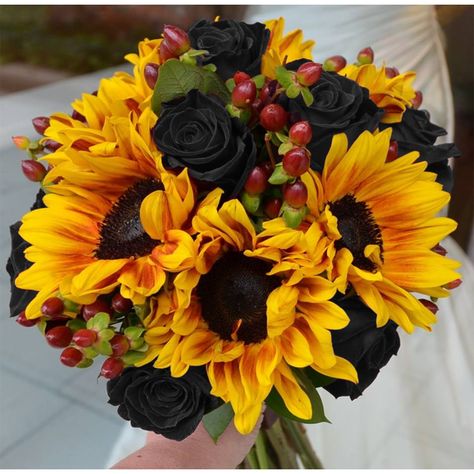 Sunflowers, black roses, and something burgundy.. Sunflowers And Roses, Burgundy Bouquet, Maroon Wedding, Sunflower Bouquets, Fall Wedding Bouquets, Fall Wedding Flowers, Yellow Wedding, Sunflower Wedding, Bride Bouquets