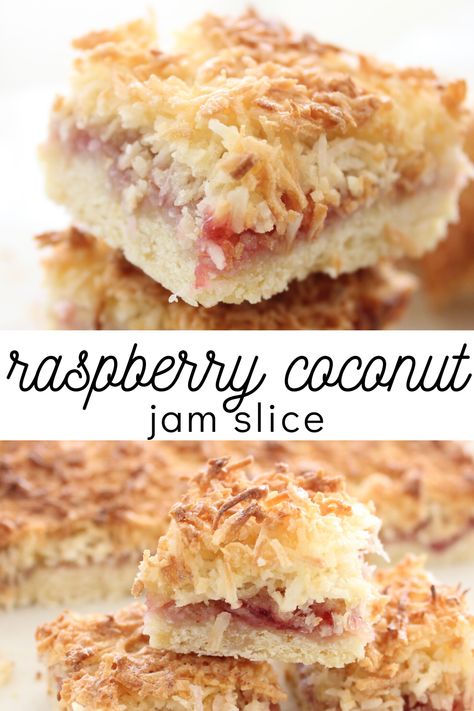 Jam Coconut Slice, Coconut Jam Squares, Raspberry Coconut Tarts Recipe, Coconut Jam Slice Recipe, Jam And Coconut Slice, Raspberry Jam Coconut Slice, Coconut Raspberry Slice, Raspberry Coconut Squares, Coconut And Jam Cake