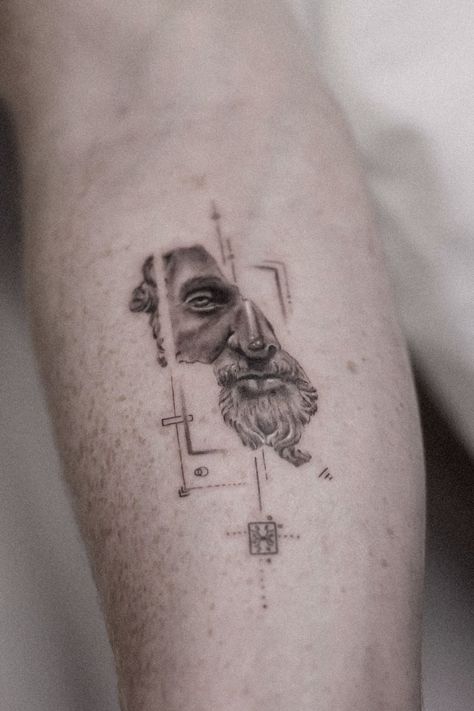 Grey Realism Tattoo, Minimal Greek Tattoo, Greek Mythology Tattoos Thigh, Marcus Aurelius Tattoo Design, Greek God Tattoos For Men, Greek Tattoo Ideas For Men, Microrealism Tattoo Men, Greek Mythology Tattoos Men, Simple Greek Tattoos