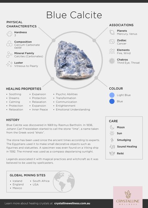 Blue Calcite Properties, Blue Calcite Crystal Meaning, Crystalline Wellness, Calcite Crystal Meaning, Crystal Encyclopedia, Blue Calcite Crystal, Crystal Healing Chart, Color Healing, Crystal Properties