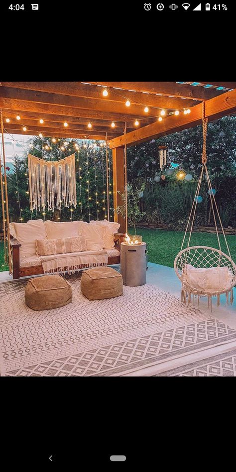 Boho Outdoor Decor, Boho Outdoor Space, Small Backyard Decks, Back Deck Ideas, Gazebo Decorations, Backyard Goals, Swing Chair Outdoor, Cozy Bohemian, Boho Patio