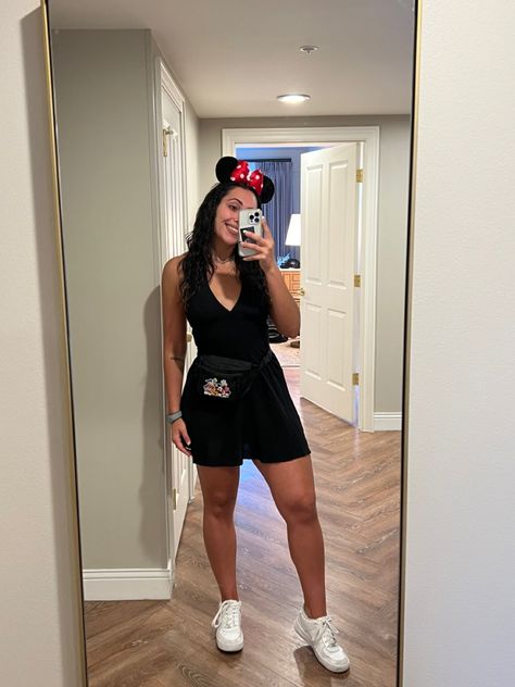 Black Dress Disney Outfit, Minnie Outfit Women, Minnie Inspired Outfit, Baddie Disney Outfits, Black Disney Outfits, All Black Disney Outfit, Cute Disney Outfits For Women Summer, Disney World Summer Outfits, Disney Outfits Black Women