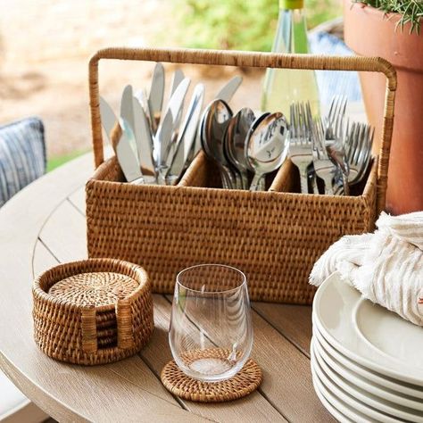 Rattan Coaster Set Woven Coasters, Utensil Caddy, Block Printed Pillows, Glassware Kitchen, Table Surface, Sewing Kits, Cutlery Holder, Vintage Cafe, Wood Wall Mirror