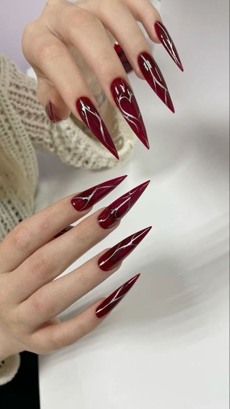 Red Stiletto Nails, Red Ombre Nails, Dark Red Nails, Maroon Nails, Hello Nails, Punk Nails, Goth Nails, Red Nail, Bling Acrylic Nails