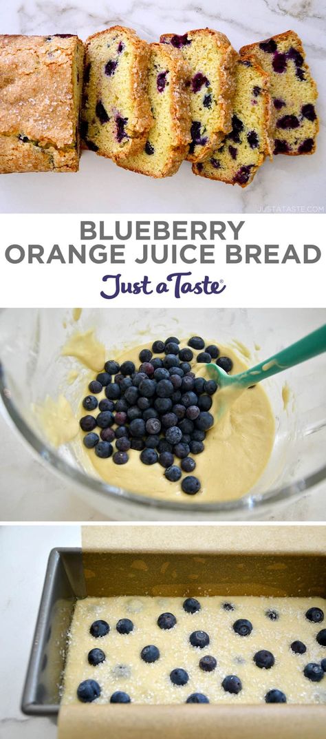 The base of this quick bread recipe is loaded with tangy citrus flavor courtesy of nearly a cup of orange juice, which pairs beautifully with fresh berries and provides intense moisture. | Blueberry Orange Juice Bread recipe from justataste.com #blueberryrecipes #blueberrybread #orangejuicerecipes #quickbreadrecipes #justatasterecipes Recipes To Use Up Orange Juice, Recipes With Fresh Orange Juice, Fresh Blueberry Bread, Baking With Orange Juice, Blueberry Orange Bread, Recipes That Use Orange Juice, Blueberry Orange Cake, Uses For Orange Juice, Recipes Using Orange Juice