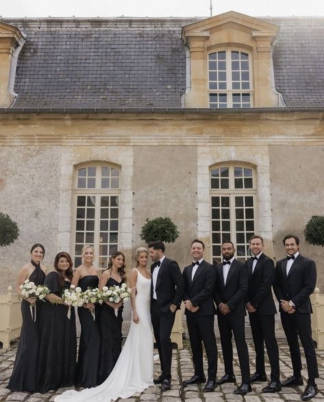 black bridesmaid dresses and black for groomsmen Hannah Godwin, Black And White Wedding Theme, White Wedding Theme, European Wedding, France Wedding, Wedding Bridal Party, Black Bridesmaid Dresses, Classy Wedding, Bridesmaids And Groomsmen