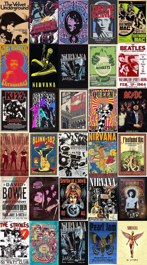 Punk Poster Aesthetic, Vintage Music Posters Classic Rock, 80s Aesthetic Poster, Band Poster Collage Wall, Poster Grunge Aesthetic, Rock Poster Wall, 80s Bands Aesthetic, Rock Album Posters, Band Posters Aesthetic