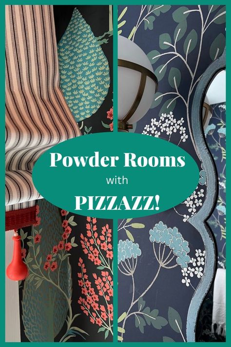 2 Farmhouse Powder Rooms with Pizzazz...These two examples from a recent project contain the key ingredients that will take your powder room to the next level! Grey Powder Room Wallpaper, Wall Murals For Powder Room, Powder Room Wallpaper Dramatic, Statement Powder Room Wallpaper, Powder Room Wallpaper Bold Modern, Blue Wallpaper Powder Room Ideas, Colorful Powder Room Wallpaper, Colored Bathroom Vanity Ideas, Blue Wallpaper Powder Room