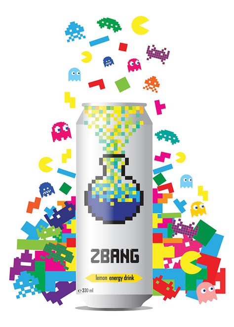 Pixel Packaging Design, Energy Drink Can Design Ideas, Energy Drink Branding Design, Energy Packaging Design, Energy Drink Branding, Energy Drink Packaging Design, Energy Drink Design, Video Games Characters, Energy Drink Packaging