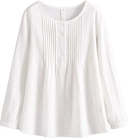 Minibee Women's Scoop Neck Pleated Blouse Solid Color Lovely Button Tunic Shirt at Amazon Women’s Clothing store Leggings Wide Leg, Coffee Date Outfits, White Linen Top, Linen Tops, Linen Top Women, Fall Blouse, Shirt Casual Style, Pleated Blouse, Tunic Shirt