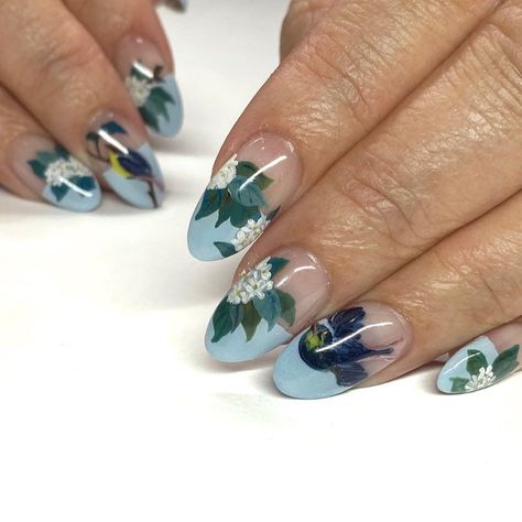 Blue French Tips, Green Polish, Floral Nail Designs, Blue Polish, Floral Nail, Flower Nail Designs, Floral Nail Art, Flower Nail, Nail Polish Designs