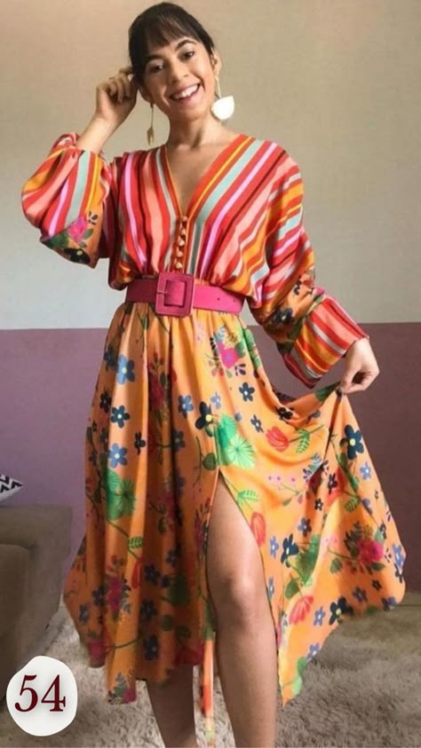 Bright Womens Fashion, Funky Prints Outfits, Maximalist Clothing Style, Bold Spring Outfits, Mismatched Patterns Outfits, Bright Feminine Outfits, Funky Womens Outfits, Eccentric Summer Outfits, Eccentric Work Outfit