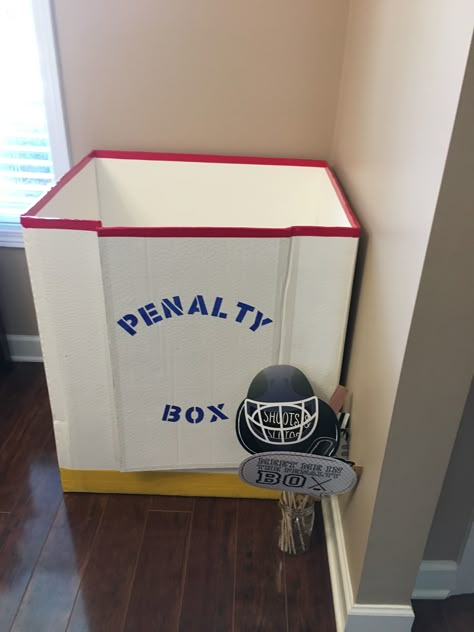 Made this penalty box photo booth for my Daughters hockey themed birthday party Hockey Penalty Box Diy, Penalty Box Hockey, Hat Trick Hockey Birthday, Girls Hockey Birthday Party, Nhl Birthday Party, Street Hockey Birthday Party, 40th Birthday Hockey Theme, Hockey 3rd Birthday, Hockey Trunk Or Treat Ideas