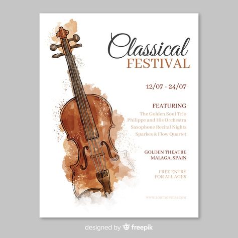 Watercolor music festival poster template Free Vector | Free Vector #Freepik #vector #freebrochure #freeflyer #freeposter #freewatercolor Class Poster Design, Watercolor Music, Mozart Music, Violin Design, Poster Template Free, Guitar Posters, Music Concert Posters, Music Flyer, Festival Flyer