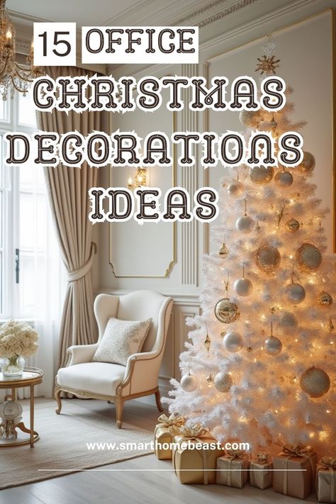 An image showcasing a range of elegant and festive office Christmas decoration ideas, including a white and gold themed Christmas tree, cozy office accents, and decorative lighting, designed to create a warm and inviting holiday atmosphere in the workplace. Christmas Tree Ideas For Office, Christmas Decorations Office Ideas, Classy Christmas Decor Ideas, Front Desk Christmas Decorations Office, Office Christmas Decorating Ideas For Work, Business Christmas Decor, Decor For Office At Work, Christmas Decor For Office, Office Christmas Decorations Ideas