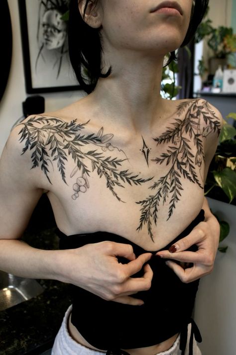 Chest Plant Tattoo, Black And White Botanical Tattoo, Plant Collar Bone Tattoo, Forest Witch Tattoo, Fern Collar Bone Tattoo, Fern Chest Tattoo, Botanical Chest Tattoo, Ferns Tattoo, Mullet Grunge