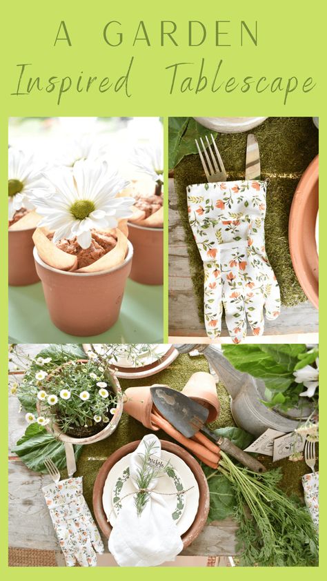 I want to show you how to create a garden inspired tablescape. Wait until you see what my inspiration piece was!! I hosted a birthday party for a friend recently and thought it would be fun to use a garden theme since it's springtime. I had so much fun creating this table and planning the party around a garden inspired theme. Gardening Theme Table Decorations, Garden Themed Centerpieces Diy, Garden Theme Luncheon, Tea Table Theme Ideas, Plant Party Food Ideas, Tea Party Table Themes, Garden Theme Table Setting, Garden Themed Food Ideas, Landscaping Party Theme