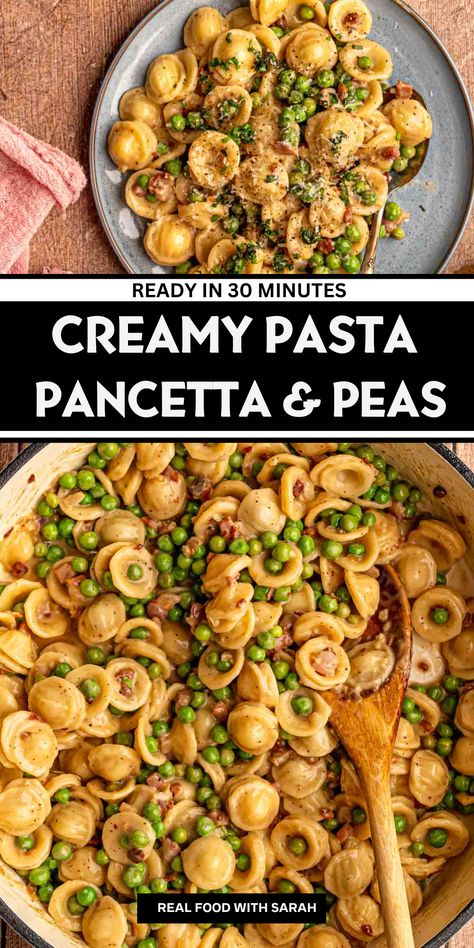 Serve this pasta with pancetta and peas on a busy weeknight! Your family will love this creamy pasta with crispy pancetta. Made in just 30 minutes means less time in the kitchen. Pasta With Feta, Pasta With Chicken And Peas, Peas With Pancetta, Creamy Spring Peas With Pancetta, Pancetta And Peas Pasta, Pasta With Pancetta And Peas, Pasta Peas Pancetta, Quick Dinner Options, Pancetta Recipes