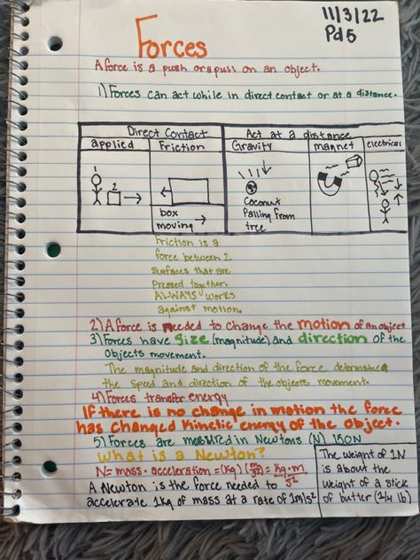 Physics Notes Forces, Middle School Science Notes, Science Notes Ideas Middle School, Grade 9 Science Notes, 8th Grade Science Notes, Middle School Notes, Class 8 Science Notes, 7th Grade Notes, Studying Notes