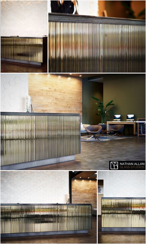 Ideally designed for Façade applications, our Channel Bronze Silvered 🔶 Glass is perfect for Wall applications behind front lobby registration desks, and on the front bar dies of the desk itself. .  Thickness 3/8” (10mm) Dimensions 68″ x 42″ (1727mm x 1067mm)   #glass#thickglass#desk #deskgoals #interiordesign#interiordesigners#interiordesignideas#interiordesigns#channel #interiors#architecture#architecturalproducts#office #officedesign #wall #tabledesign#facade Front Bar Design, Behind Bar Wall Ideas, Bar Front Design, Glass Reception Desk, Lobby Desk, Wall Applications, Wired Glass, Reeded Glass, Kiln Formed Glass