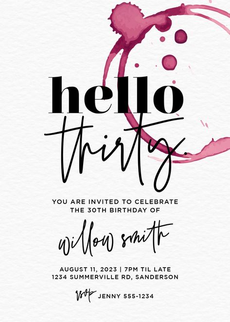 Hello 30 Red Wine Stain Minimalist 30th Birthday Party | Etsy Hello 30, Lunch Invitation, Baby Party Games, Wedding Drink Menu, Red Wine Stains, 30th Birthday Party Invitations, Wine Stains, Party Invite Design, Birthday Wine