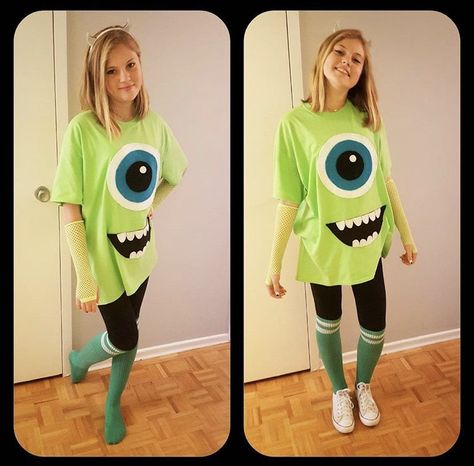 Monsters In Diy Costumes, Halloween Costumes Mike Wazowski, Mike Wazowski Diy Shirt, Cute Mike Wazowski Costume, Diy Mike Wazowski Costume Shirts, Disney Costume Ideas For Women Easy Diy, Easy Monster Costume, Diy Monster Costume Women, School Appropriate Costumes