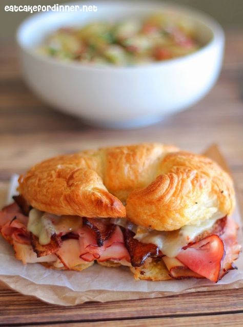 Eat Cake For Dinner: Ham, Turkey and Bacon Croissant Melts Hot Croissant Sandwich, Crossaint Sandwich Ideas, Bacon Croissant, Salt Cake, Turkey Sandwiches Recipes, Croissant Sandwich, Gourmet Sandwiches, Bacon And Cheese, Turkey Sandwiches