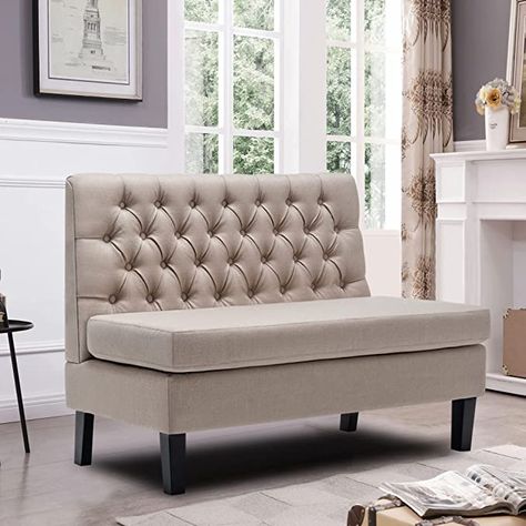 Amazon.com - Modern Upholstered Settee Bench for Dining Room Living Room Entryway High Back Loveseat Sofa Couch Banquette Khaki - Table Benches Bench Banquette, Modern Settee, Customised Sofa, Settee Dining, Small Loveseat, Mini Couch, Upholstered Banquette, Upholstered Settee, Upholstered Dining Bench