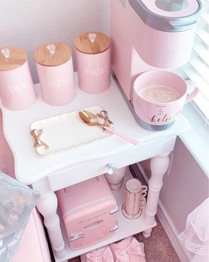 Pink Kitchen Accessories, Café Aesthetic, Salon Suites, Nail Room, Baby Pink Aesthetic, Pink Coffee, Glam Room, Pink Life, Girly Room