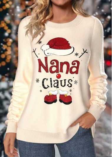 Christmas Raw White Long Sleeve Round Neck Sweatshirt | modlily.com - USD 34.98 Christmas Apparel Ideas, Christmas T-shirts, Funny Christmas Sweatshirts, Christmas Sweatshirt Ideas, Grandma Clothes, Christmas Booth, Ross Dresses, Gingerbread Crafts, Christmas Clothes