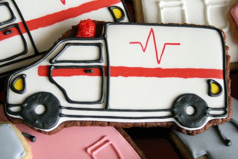 Ambulance cookie., via Flickr. Ambulance Cookies, Ems Cookies, Ambulance Party, Paramedic Party, Ambulance Cake, Emt Graduation, Firefighter Appreciation, Medical Cookies, Nurse Cookies