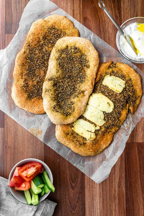 The easiest recipe for delicious Middle Eastern manakish. These Lebanese savory flatbreads are so simple to make at home and can be made with an assortment of toppings, like zaatar! Click for the recipe! #lebanese #middleeastern #flatbread #manakish #zaatar Recipe Lebanese, Middle Eastern Bread, Crumb Recipe, Fluffy Dinner Rolls, Savory Pastry, Cheese Topping, Lebanese Recipes, Easy Pizza, Mediterranean Cuisine