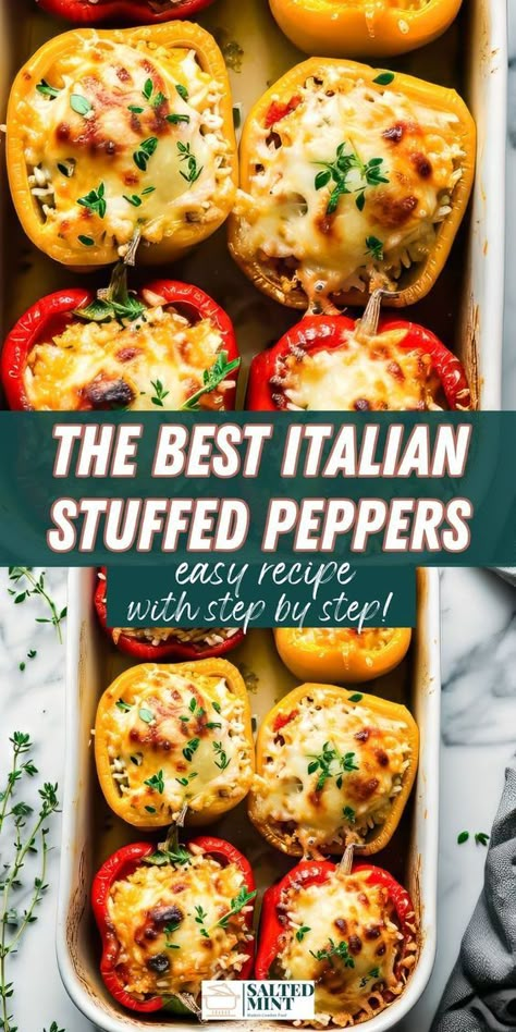 Make these Italian stuffed peppers with rice, beef or Italian sausage, and mozzarella cheese. Ideal for easy stuffed peppers and family dinner ideas using sweet bell peppers. Stuffed Bell Pepper Italian Sausage, Stuffed Bell Peppers Ground Sausage, Stuffed Pepper Dinner Ideas, Italian Bell Peppers Stuffed, Stuffed Bell Peppers Freezer Meal, Stuffed Bell Peppers For 2 People, Stuffed Bell Peppers With Tomato Soup, Stuffed Bell Peppers With Sweet Italian Sausage, Meatball Stuffed Peppers