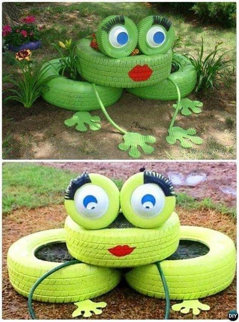 Tire Frog, Garden Ideas For Kids, Tire Playground, Frog Planter, Apple Math, Recycled Tires, Tire Garden, Bright Morning, Tire Art