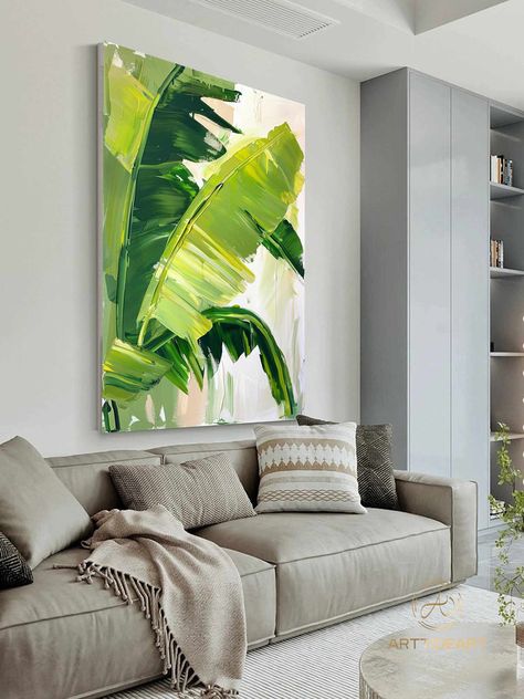 Painting Ideas On Walls Living Room, Paintings Living Room Ideas, Best Acrylic Paintings On Canvas, Tropical Oil Painting, Tall Narrow Paintings, Painting Ideas Plants, Plant Painting Ideas, Palm Tree Painting Acrylic, Painting With Plants