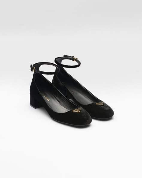 Black Velvet Pumps | PRADA Black Velvet Shoes, Ivory Pumps, Trending Flats, Prada Collection, Velvet Pumps, Ballerina Slippers, Velvet Heels, Black Accessories, Ballet Pumps