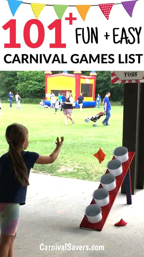 shows girl tossing beanbag into one of five buckets on a tilted board Kids Carnival Games Diy, Game Booth Ideas School Carnival, Booth Games For Kids, Games For School Carnival, Balloon Stomp Game, Carnival Games For Elementary School, Carnival Game Ideas For Kids, Pto Carnival Games, Kids Events Ideas Fun Activities